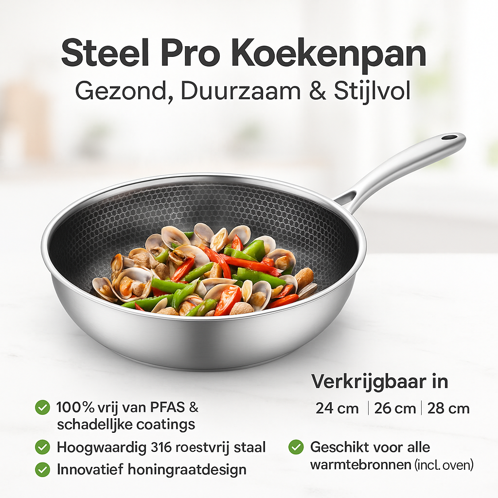 Steel Pro Koekenpan – Roestvrij Staal met Honingraatdesign (PFAS-vrij, 316 RVS, 3 maten)
