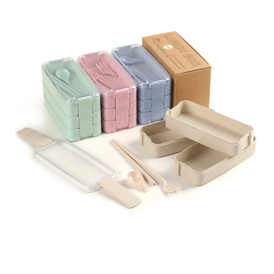 Drie-Laags Lunchdoos Set met Bestek van Wheat Straw (Tarwe stro) Bundelkorting!